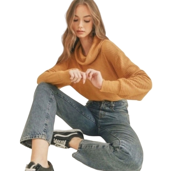 Free People Juicy Long Sleeve Cowl Neck Waffle Knit Split Back Top Canyon Moon - Picture 3 of 8